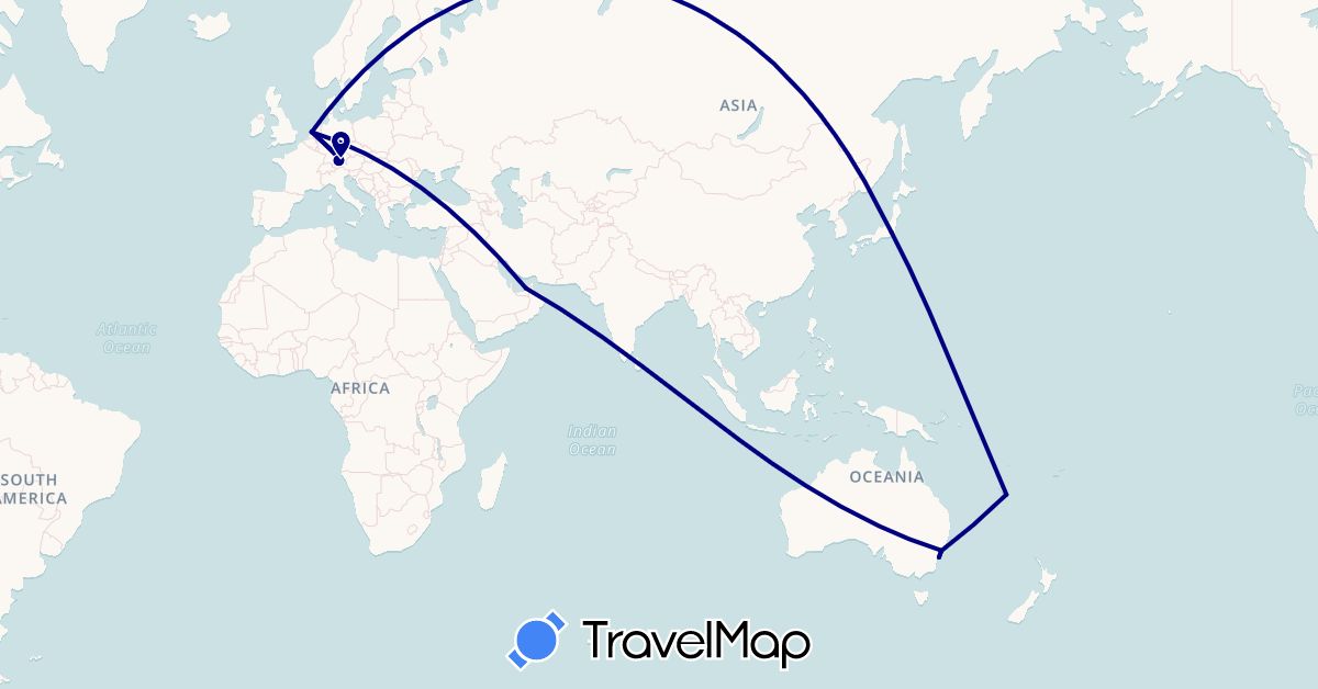 TravelMap itinerary: driving in United Arab Emirates, Australia, Germany, Japan, New Caledonia, Netherlands (Asia, Europe, Oceania)